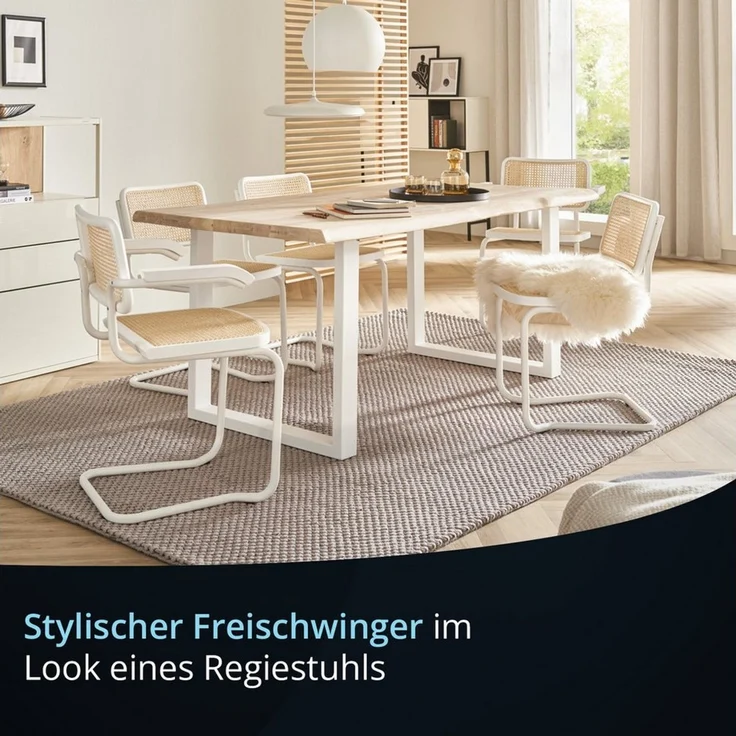 KHG Freischwinger Esszimmerstuhl Metallgestell Weiß, Rattaneflecht, Made in Italy, Rattangeflecht, Buchenrahmen, Freischwinger – Bild 2