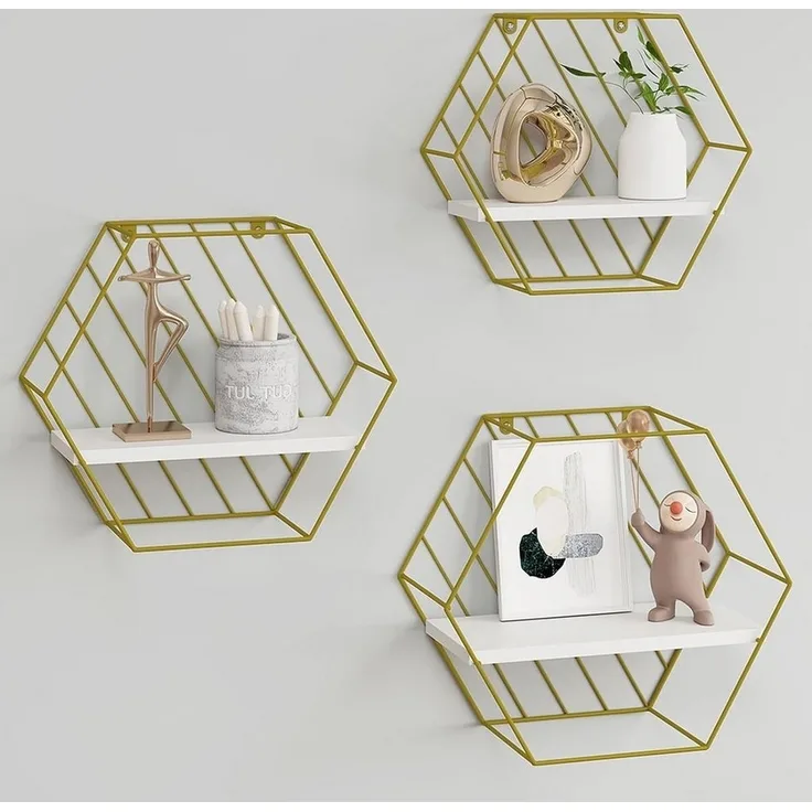 EUGAD Wandregal, 3-tlg, Hexagon Regal Wand, Weiß Golden, Metallrahmen