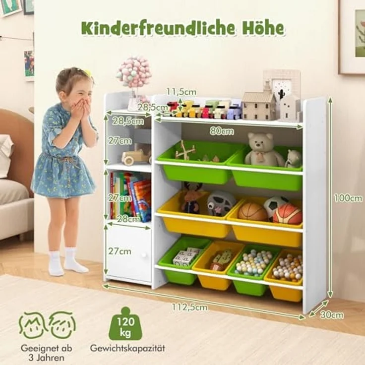 FANTASK Spielzeug-Organizer Bücherregal mit 8 Aufbewahrungsboxen, 2 offenen Regalen & Schrank, 4-stöckiges, 120 kg belastbar, Weiß – Bild 2