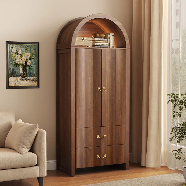 Hochschrank, B 76 x T 38 x H 180 cm, MDF und Spanplatte in Nussbaumoptik, mit LED-Beleuchtung – Bild 1