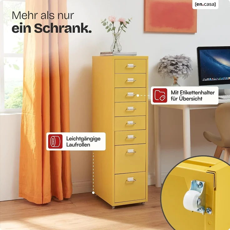 Rollcontainer Kökar mit 8 Schubladen 109x28x41 cm Gelb [en. casa] – Bild 4