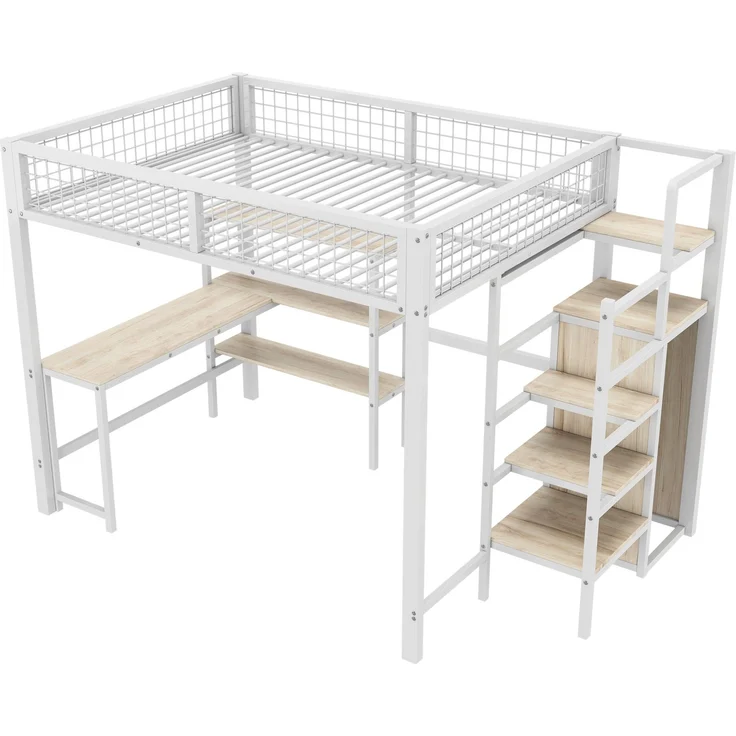 Hochbett, 140*200 cm, Eisenbett, Ablageleiter, mehrere Regale, Ohne Matratze, Einbauschrank, Schreibtisch, Weiß – Bild 8