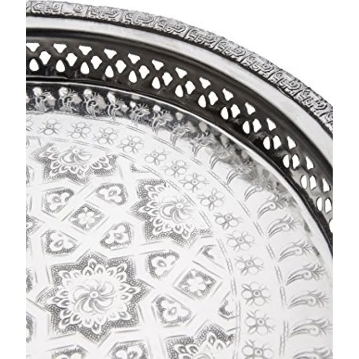Marrakesch Orient & Mediterran Interior Tablett Orientalisches rundes Tablett aus Messing versilbert Nadia, Handarbeit – Bild 4