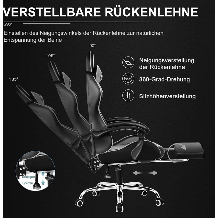 GTPLAYER Bürostuhl Gaming Stuhl Massage Gaming Sessel Ergonomischer Gamer Stuhl mit Fußstütze, Gepolstert Gaming Chair, Drehsessel 150KG, grau – Bild 5
