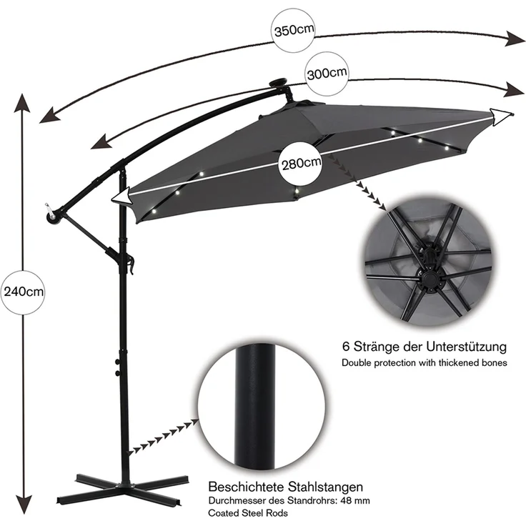 Gartenschirm Sonnenschirm Beige Kurbelschirm 300 cm Ampelschirm LED Marktschirm Strandschirm Terrassenschirm 3 m Meter Aufklappbar Sonnenschutz Garten – Bild 5