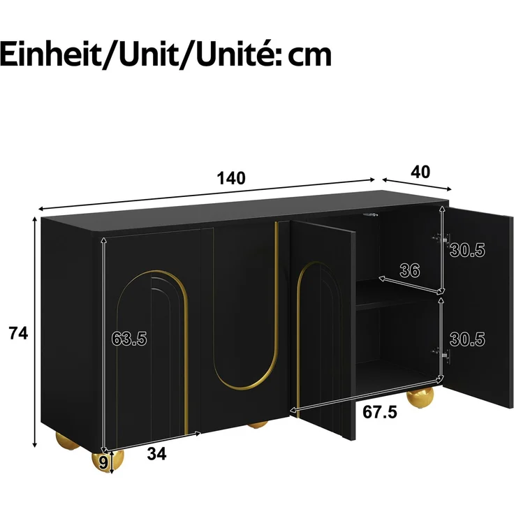DESVIAE Sideboard Schwarz aus MDF/Spanplatte – 140x74x40 cm – 4 Türen, Gold-Bogendekor – Bild 8