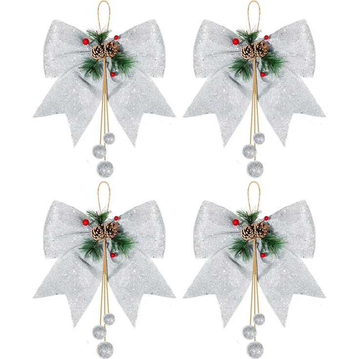 Set 4 Weihnachtskranz-Schleifen, 25x30cm, Glitzer & funkelnd, Weiß – Bild 1