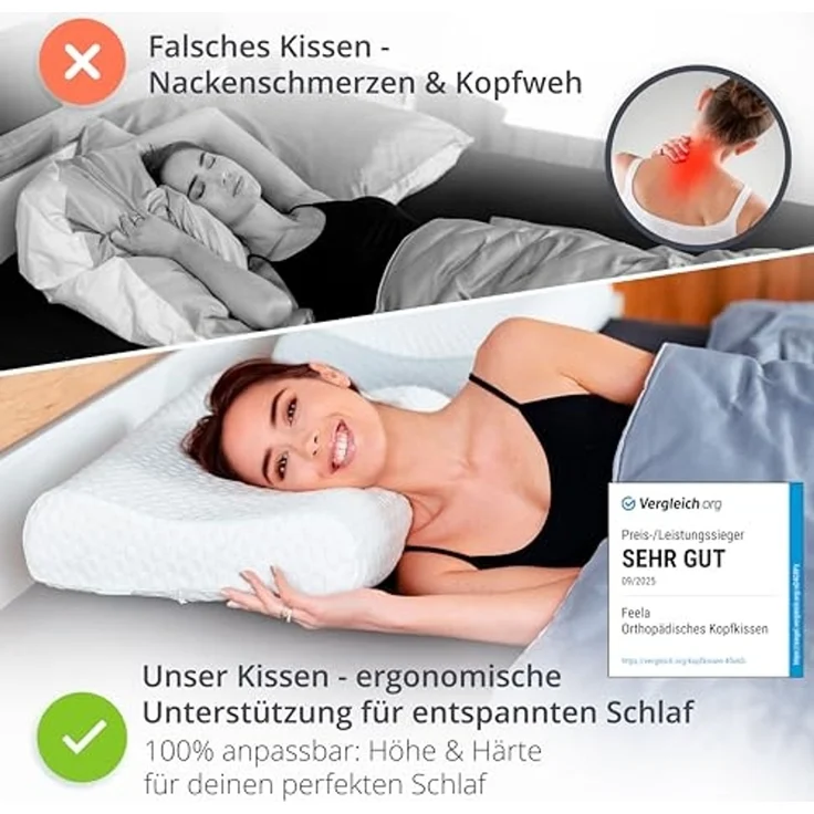 feela Nackenstützkissen Orthopädisches Kopfkissen – entlastet Nacken & stützt die Wirbelsäule, Für Rücken- & Seitenschläfer – sorgt für gesunden & erholsamen Schlaf – Bild 4
