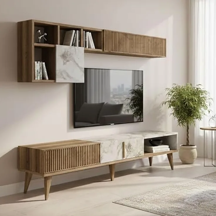 Dmora - Wohnzimmermöbel Gemini, Modulares Wohnzimmerset, Mehrzweck-Wohnzimmermöbel, Moderner TV-Schrank, 180x35h40 cm, Nussbaum und Weißer Marmor