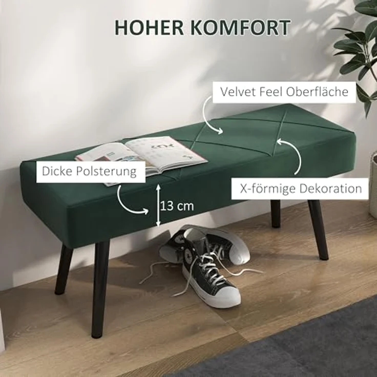 HOMCOM Polsterbank Sitzbank mit X-Muster, in Samtoptik, bis 120 kg Belastbar (Flurbank, 1-St, Bettbank), für Schlafzimmer, 100 x 36 x 45 cm, Grün – Bild 5