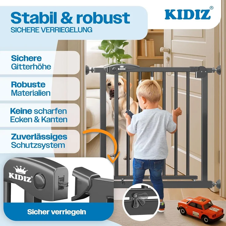 KIDIZ® Schutzgitter für Treppen, Auto Close Treppenschutzgitter ohne Bohren, 90° Stop, schwenkbare Trennwand, Klemmen, Anthrazit, 102 - 115 cm – Bild 5