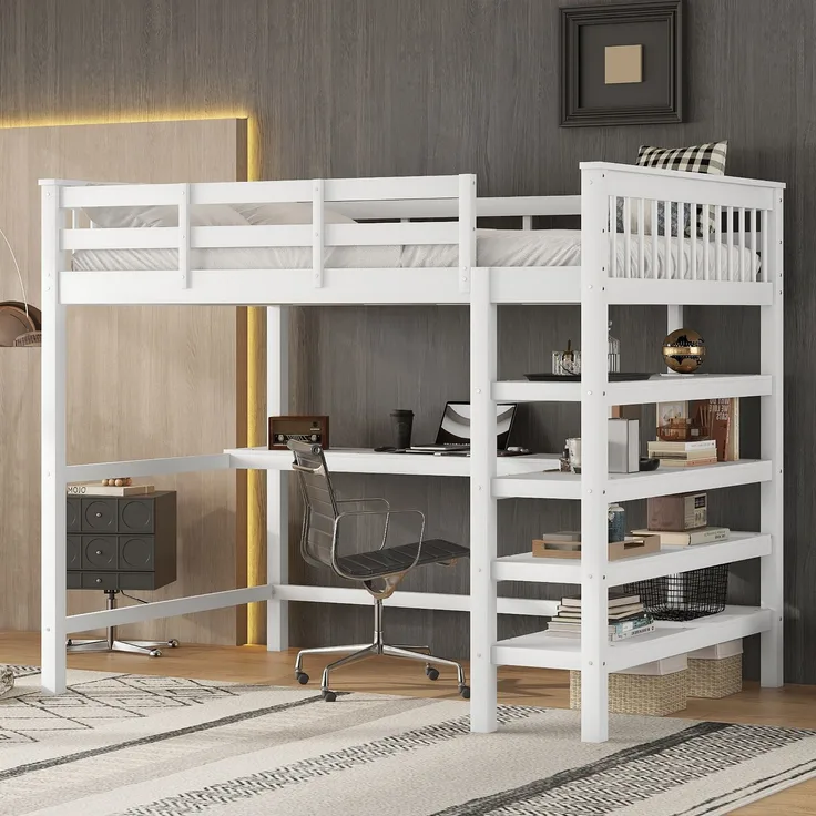 Hochbett 140x200 cm Kinderhochbett mit Schreibtisch, Ablagefächern, Kiefernholz + MDF, weiß, sichere Leiter