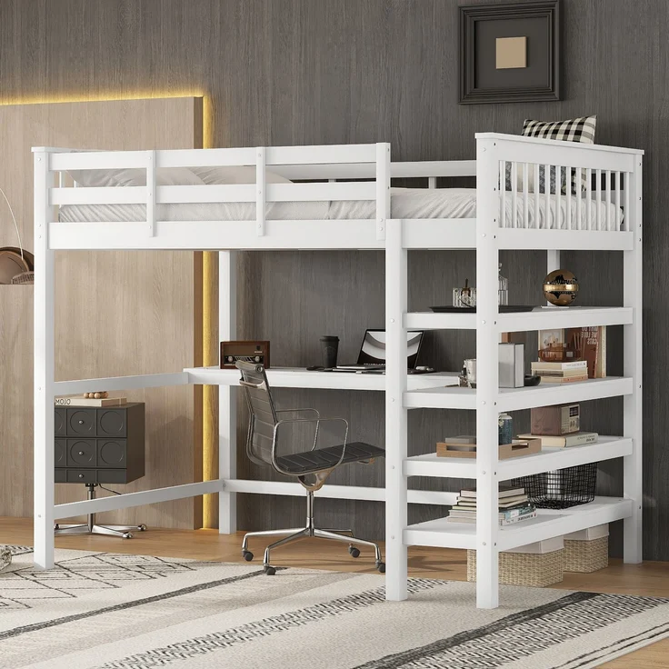 Hochbett 140x200 cm Kinderhochbett mit Schreibtisch, Ablagefächern, Kiefernholz + MDF, weiß, sichere Leiter – Bild 1