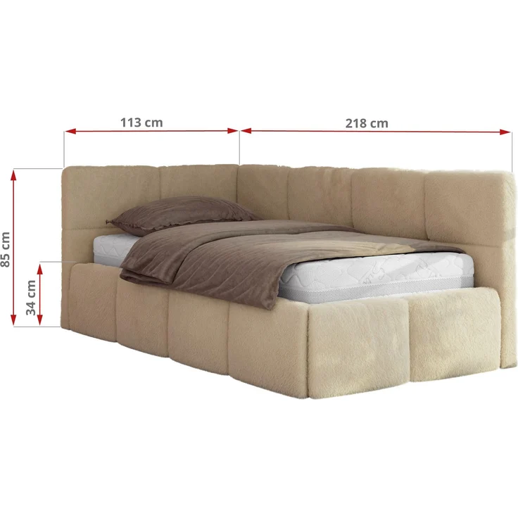 Jugendbett 90x200 ARVO Polsterbett mit Bettkasten, Stauraum & Gasdruckfeder, Modernes Design mit Kopfteil, Foam Matratze - Beige Plüsch - MIRO LUX - Links Seite – Bild 3