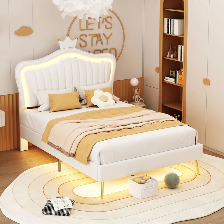 Kinderbett mit Muschel-Kopfteil und Krone, LED-Licht mit Farbwechsel, höhenverstellbarem Kopfteil, stabiler Holzlattenbasis – Bild 3