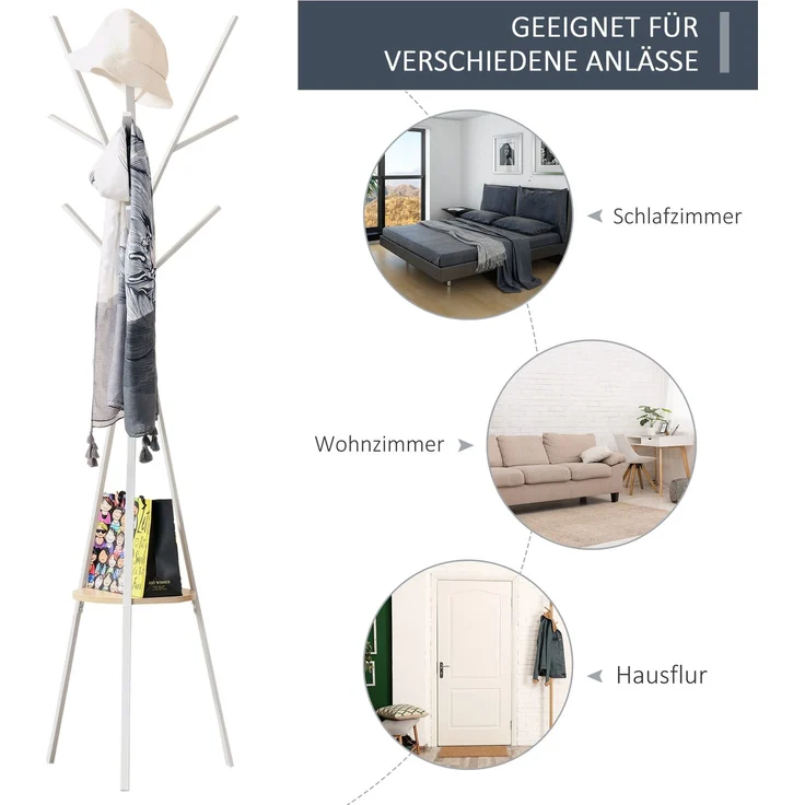 Garderobenständer Kleiderständer mit Ablage und 8 Haken Jackenständer Moderner Garderobe für Kleidung Hut Tasche, Wohnzimmer, Weiß--Weiß--180x45x45cm--YOUDENOVA – Bild 8