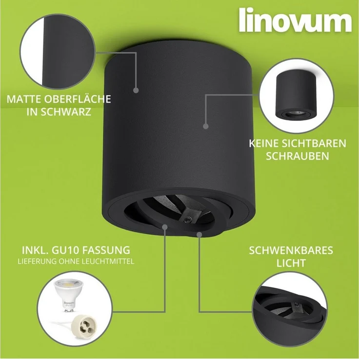 linovum LED Aufbaustrahler Aufbauleuchte CORI schwenkbar Schwarz Deckenlampe Deckenstrahler Spot – Bild 4