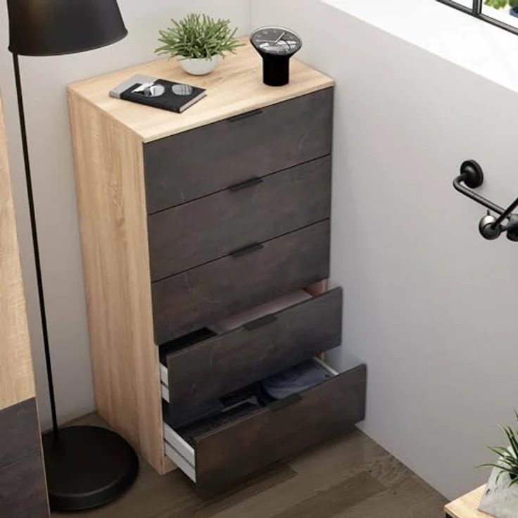 Dmora - Mesquite-Kommode, Kommode mit 5 Schubladen, Kommode für das Schlafzimmer, moderne Kommode, 60x40h110 cm, Eiche und Anthrazit – Bild 1