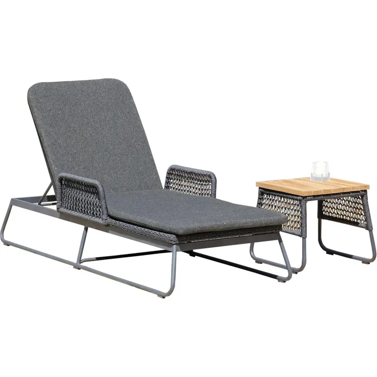 Sonnenpartner Lounge-Liege Poison mit Beistelltisch Teak/Aluminium mit Polyrope dunkelgrau mit Aufla