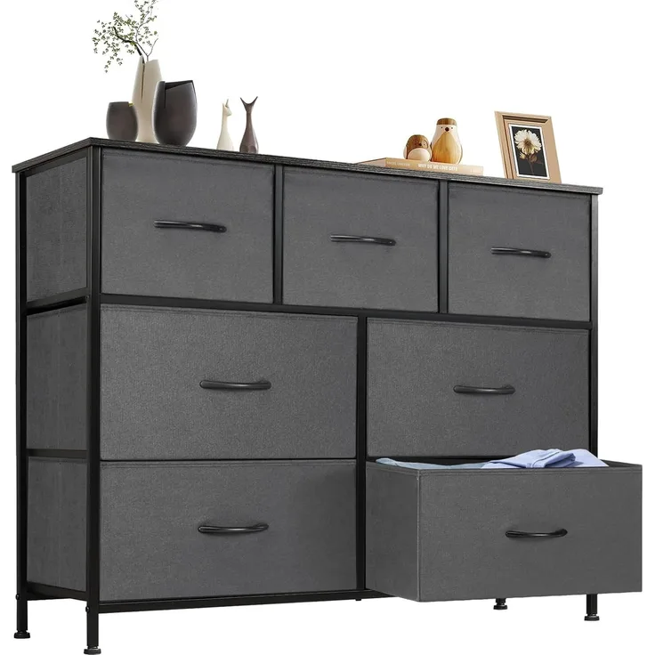 DUMOS Kommode für Schlafzimmer mit 7 Stoffschubladen hohe Kommode Organizer für Kleidung Schrank Kinderzimmer Aufbewahrungsturm mit Schrank Metallrahmen Holzplatte leichte Kinderzimmermöbel