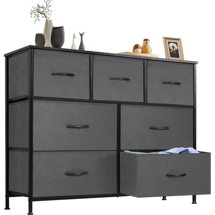 DUMOS Kommode für Schlafzimmer mit 7 Stoffschubladen hohe Kommode Organizer für Kleidung Schrank Kinderzimmer Aufbewahrungsturm mit Schrank Metallrahmen Holzplatte leichte Kinderzimmermöbel – Bild 1