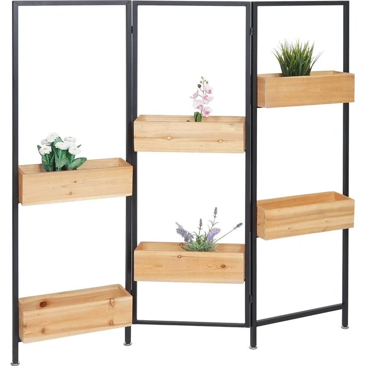 Raumteiler mit Pflanzkasten HWC-L32, Blumenkasten Raumtrenner, Holz-Stahl 116x118cm ~ Gestell schwarz, naturfarben