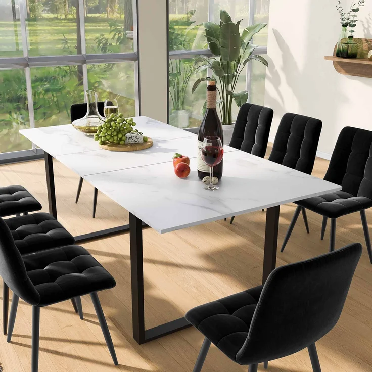 Essgruppe 8-tlg, ausziehbarer Tisch 140-180x80 cm weiß/schwarz, 8 Samtstühle schwarz – Bild 2