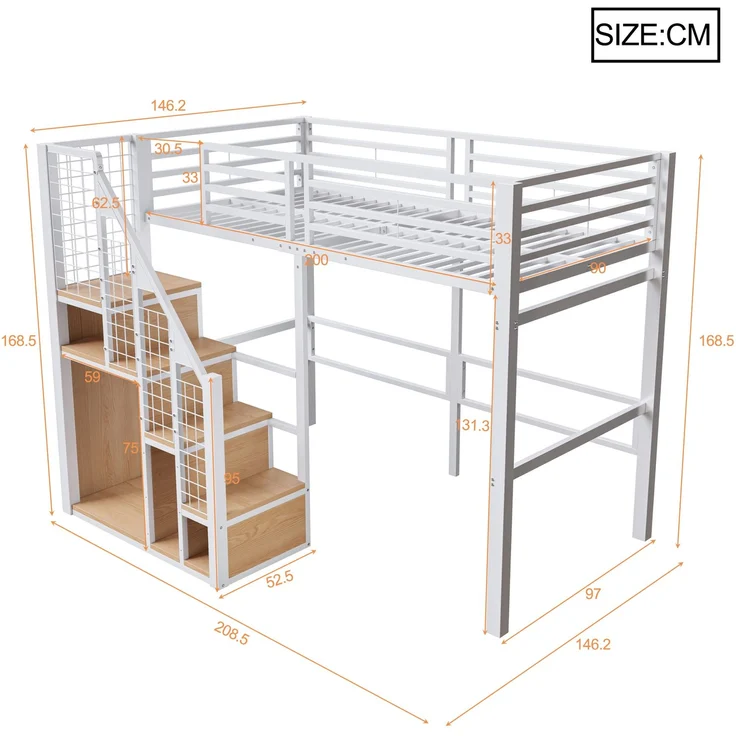 Hochbett 90×200 cm aus Metall mit Treppe und Stauraum, weiß – Bild 3