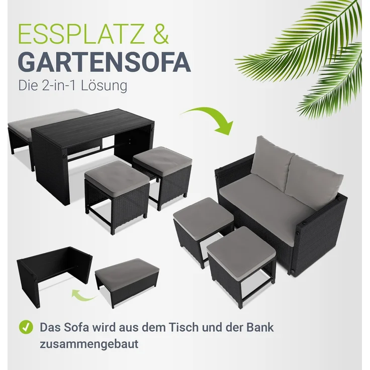 Juskys 2in1 Polyrattan Relax Gartenmöbel Set Jamaika - Tisch, Gartenlounge Sofa - Balkonmöbel Sitzgruppe für Balkon, Garten - Outdoor Lounge schwarz / grau – Bild 3