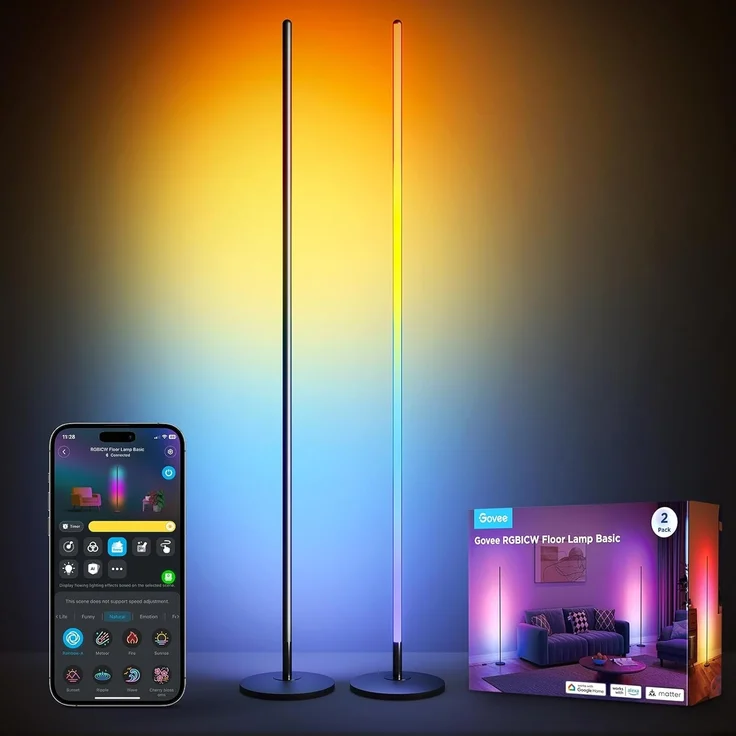 Govee RGBICW LED Floor Lamp Living Room 2 Pack, WiFi Floor Lamp Dimmable, Work with Alexa and Google Assistant, 16 Million Colours, 61 Scene Modes, Music Modes, DIY Mode for Bedroom, Black