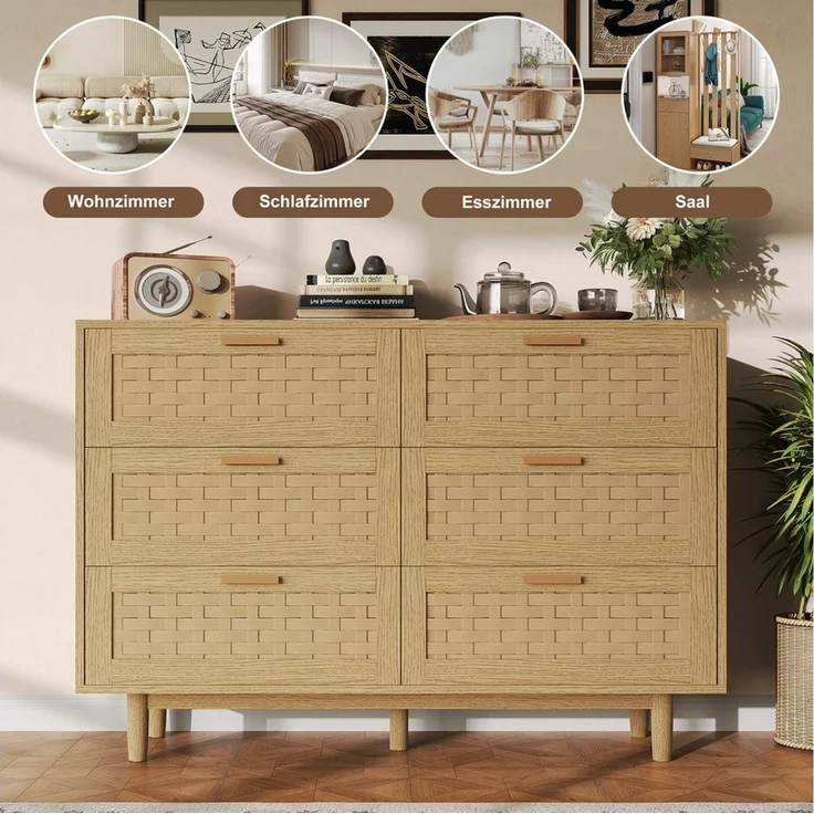 PXloue Sideboard Rattankommode, Kommode mit Schiebetüren mit 6 Schubladen, Schlafzimmerschrank mit viel Stauraum, 115 ×80 ×40 cm – Bild 4