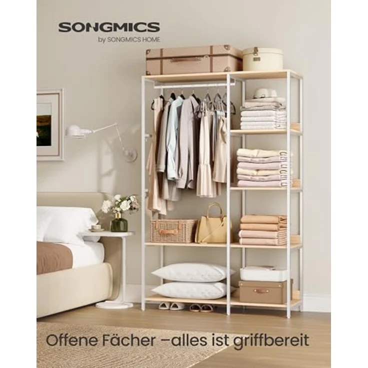 SONGMICS Kleiderschrank offen, Kleiderständer, Garderobenständer, Garderobe mit Kleiderstange, Ablagen, abnehmbare Haken, 40 x 98 x 181 cm, naturbeige-mattweiß RGR024W01 – Bild 2