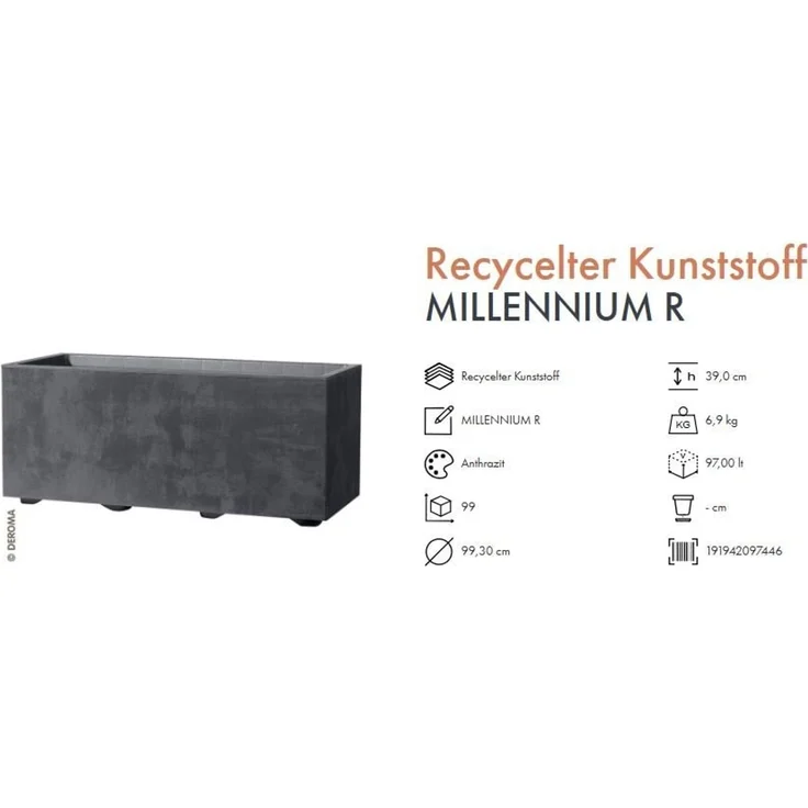 Deroma Pflanzkasten Millennium Kunststoff 99 cm Anthrazit mit Ablauflöchern – Bild 3