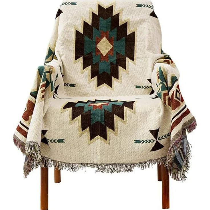 FELIXLEO Baumwollbettdecke Strickdecke geometrische Decke mit Fransen gewebte 130*180cm