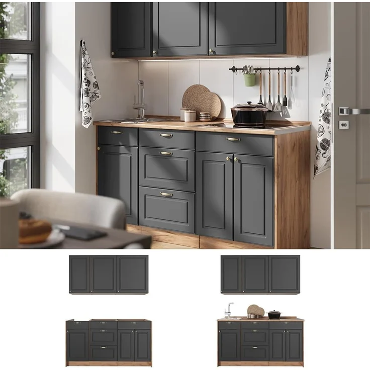 Singleküche Fame-Line Anthrazit-Gold Landhaus/Goldkraft Eiche 150 cm ohne Arbeitsplatte Vicco – Bild 6