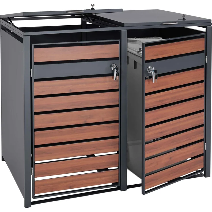 2er Mülltonnenverkleidung HWC-J81, Mülltonnenbox, erweiterbar, Metall 50kg, anthrazit ~ Kirsche-Holzoptik dunkelbraun – Bild 1