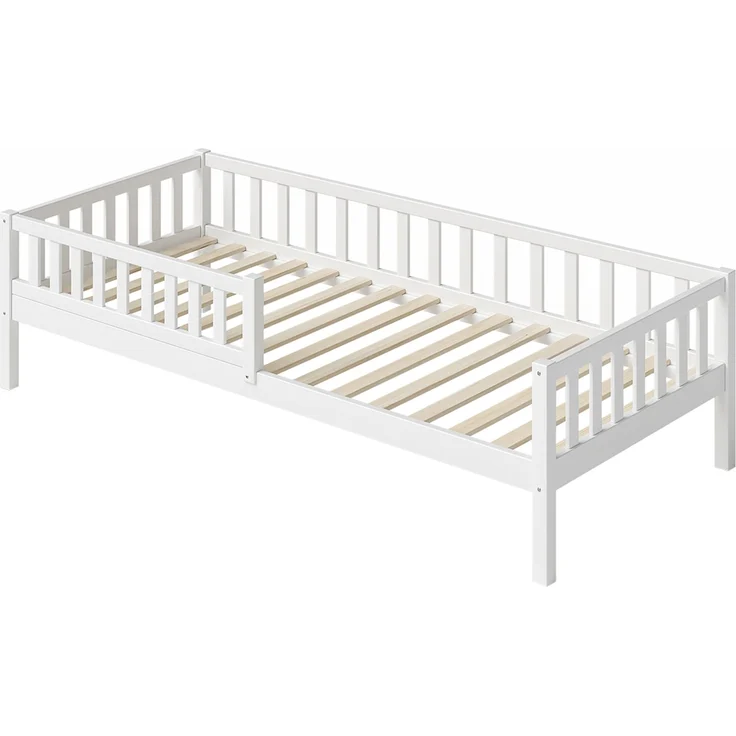 Bellabino 'Vils' Kinderbett 90x200 cm mit Matratze, weiß, Kiefer Massivholz, Montessori Bett mit Lattenrost und mit abnehmbarem Rausfallschutz – Bild 2