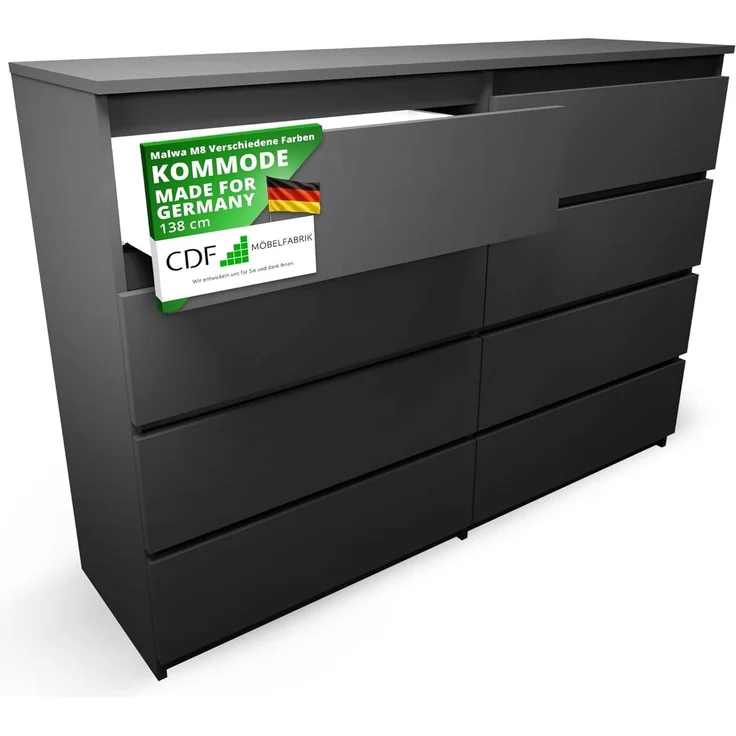 CDF Kommode Malwa M8 140| Farbe: Schwarz | Schrank für Dokumente, Kleinigkeiten | Ideal für Wohnzimmer, Schlafzimmer, Kinderzimmer, Jugendzimmer und Büro | 8 geräumige Schubladen – Bild 1