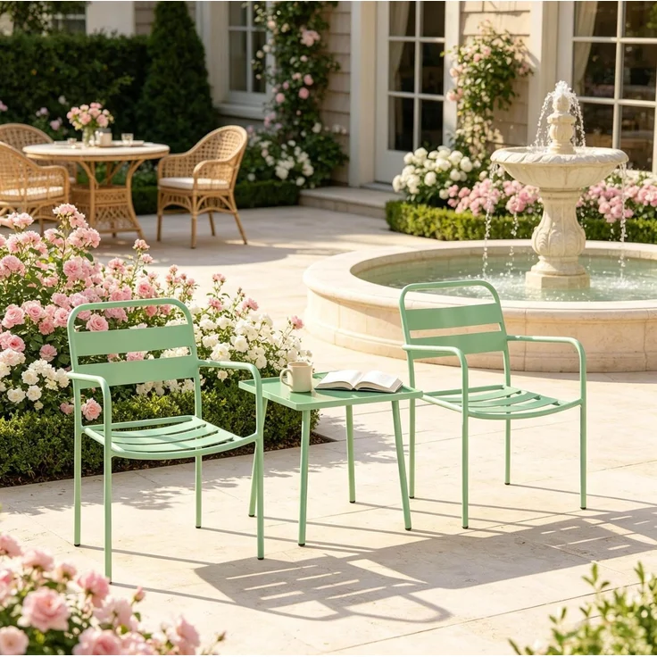 Garten-Bistro-Set mit Tisch 50x50x50 cm und 2 Armlehnenstühlen – Grün, Glasplatte – Bild 2