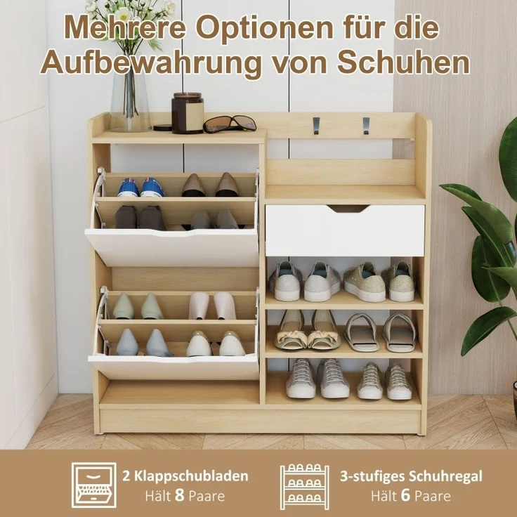 Schuhschrank Mit Umklappbaren Schubladen & Haken - Schuhkipper Modern Mit Holzoptik Und Kippschutz, Bis EU 45 – Bild 3