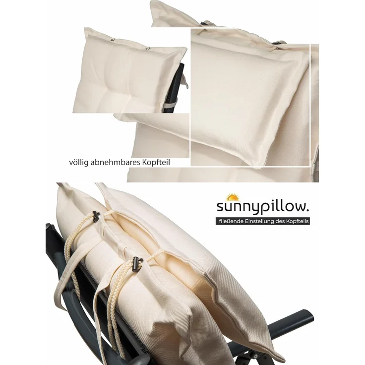 sunnypillow 2er Set Gartenstühle und Gartenstuhlauflagen Hochlehner | 120 x 50 x 9 cm Hochlehner Auflage wasserdicht UV-lichtecht | Klappstuhl für Garten Polsterauflagen Stuhlauflage | Cremefarben – Bild 7
