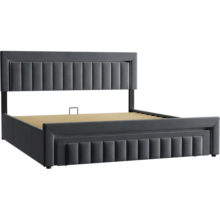 Polsterbett 180x200 cm mit LED-Beleuchtung, Samtbezug und Schubladen, Dunkelgrau – Ohne Matratze – Bild 6