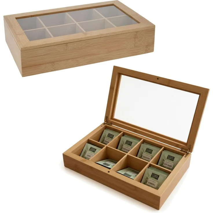 LS-LebenStil Teebox Holz Aufbewahrungsbox Teebox 8 Fächer mit Deckel Teekiste Schmuckkiste, Bambus, (Nachhaltiger Organizer - durchsichtiger Glasdeckel, 1-tlg, Holzkiste Schmuckkiste Schmuckkasten Schmuckkästchen), Aufbewahrung für Teebeutel, Tee, Schmuck