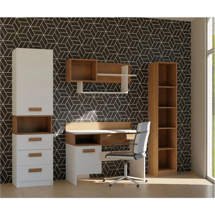Marmex Möbel Grant Set-B Jugendzimmer Komplett-Set 4-teilig mit offenem Regal, Schreibtisch, Wandregal, geschlossenes Regal, Kinderzimmermöbel mit Schreibtisch, laminierte Spanplatte, Kleiderstange, weiß+riviera Eiche, 198x195x55 cm – Bild 6