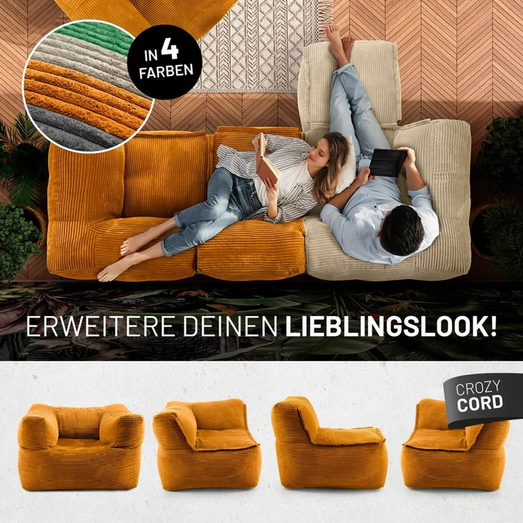 Lumaland Sitzsack-Sofa, Polyester, Pouf, Cord - Senfgelb, 40 x 54 x 54 cm – Bild 9
