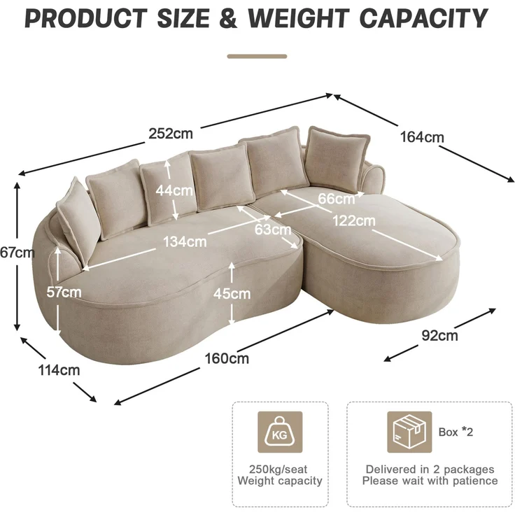 Modulares Sofa aus Chenille mit Chaiselongue, tiefe Sitzfläche, 252 x 164 x 67 cm, Hellbraun – Bild 6