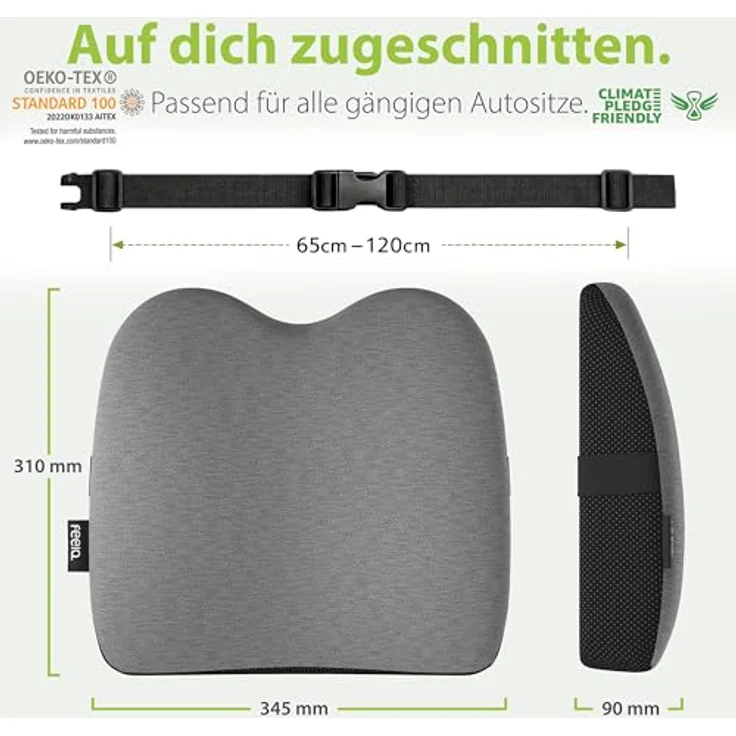 feela.® Ergonomisches Rückenkissen für Auto- und Bürostühle, Gedächtnisschaum-Rückstützkissen mit verstellbarer Passform, Dunkelgrau – Bild 5