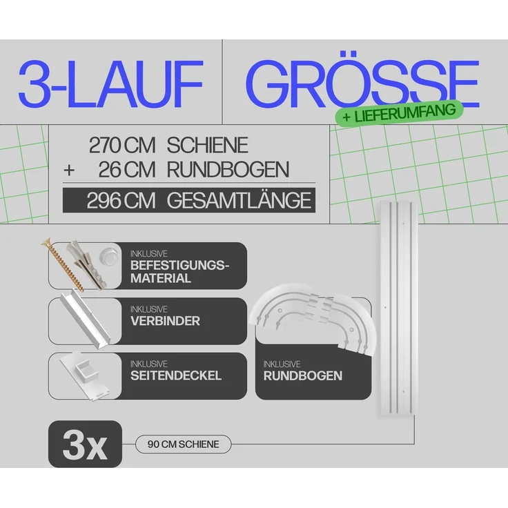 Bestlivings Gardinenschiene ( Weiß ) 270cm (3x90 cm) 3-läufig + 2er Set Rundbogen – Bild 3