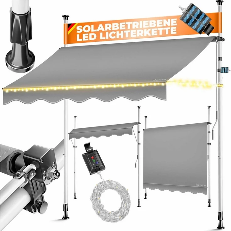 KESSER® Klemmmarkise mit Handkurbel & LED Lichterkette | Balkonmarkise ohne Bohren | Markise UV-beständig höhenverstellbar & wasserabweisend | Sonnenschutz für Balkon Terrasse & Garten Grau, 150 cm – Bild 1