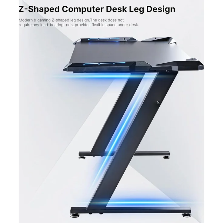 EUREKA ERGONOMIC Gaming Tisch Z1S Gaming Schreibtisch Gaming Computertisch PC Schreibtisch Gamer Mit RGB LED Beleuchtung Getränkehalter und Kopfhörerhalter Schwarz – Bild 8